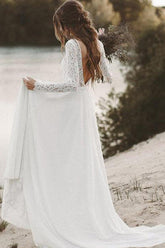 Ivory Lace Long Sleeves A-line Chiffon Wedding Dresses, Bridal Gowns